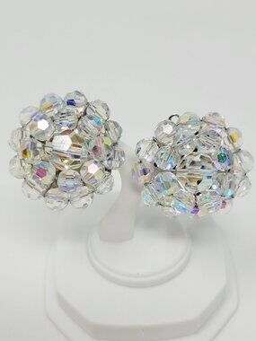 Vintage Aurora Borealis Crystal Cluster Clip On Statement Earrings